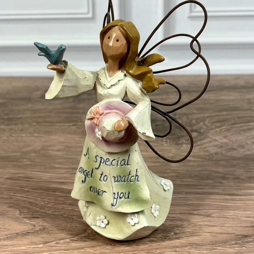 Angel Figurine Home Decor 4in Cream Whimsical Rustic Wire Wings Bird Inscribed